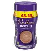 Cadbury - Instant Hot Chocolate - 250g comes in a purple and yellow container with a £3.39 price label and features an image of a creamy hot chocolate drink on the front.